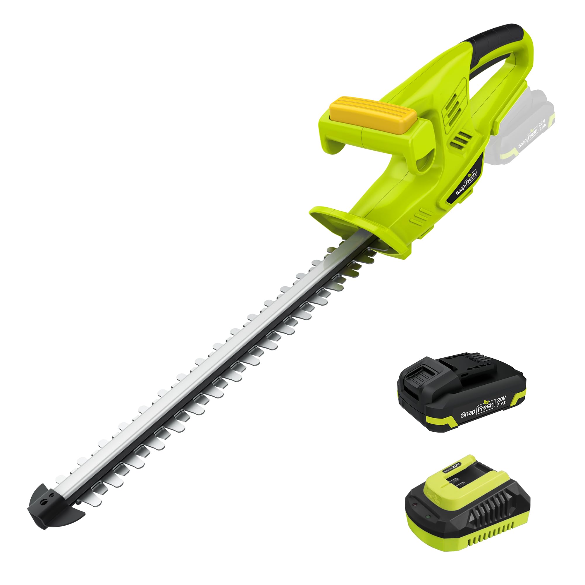SnapFresh Akku-Heckenschere 20V, 45 cmSchnittlänge, Heckenschneider mit 2800SPM Doppelmesser aus Mn65 Stahl, Leichte Heckenschere für Hecken, Sträucher & Gartenarbeit, 2,0Ah Akku & Ladegerät Inklusive