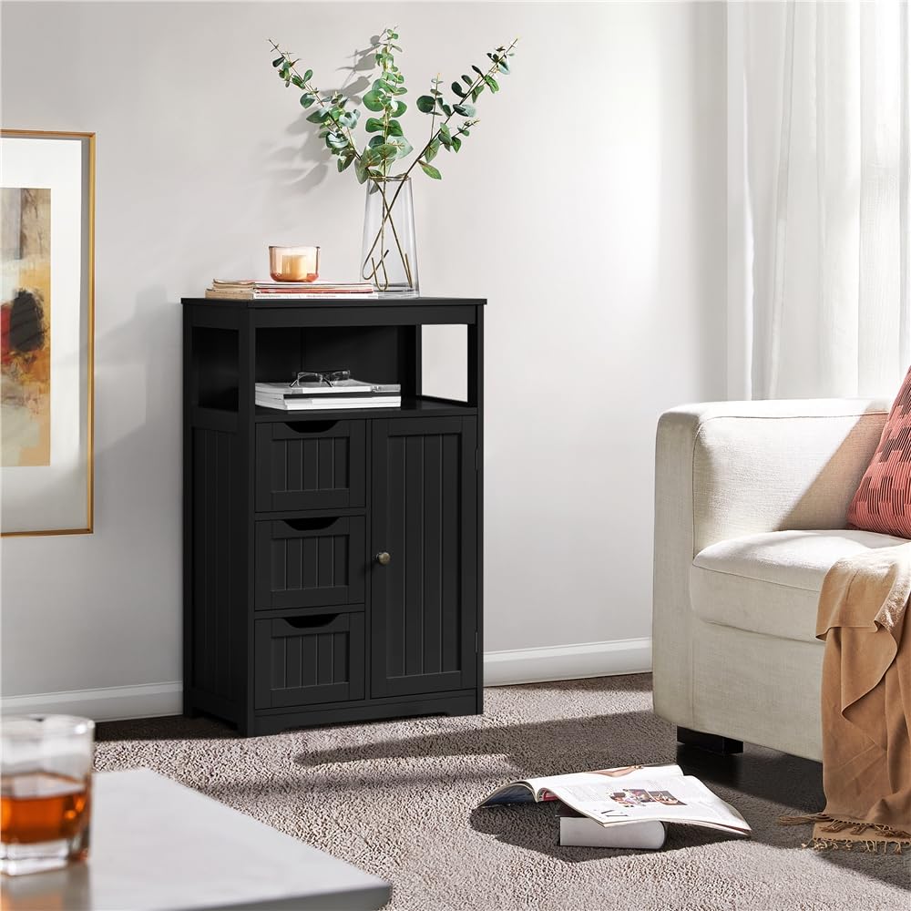 Yaheetech Badezimmerschrank, Unterschränke Beistellschrank, Badschrank mit 3 Schubladen und 1 Tür, verstellbare Regalebene, Wohnzimmer/Küche/Flur, Schwarz
