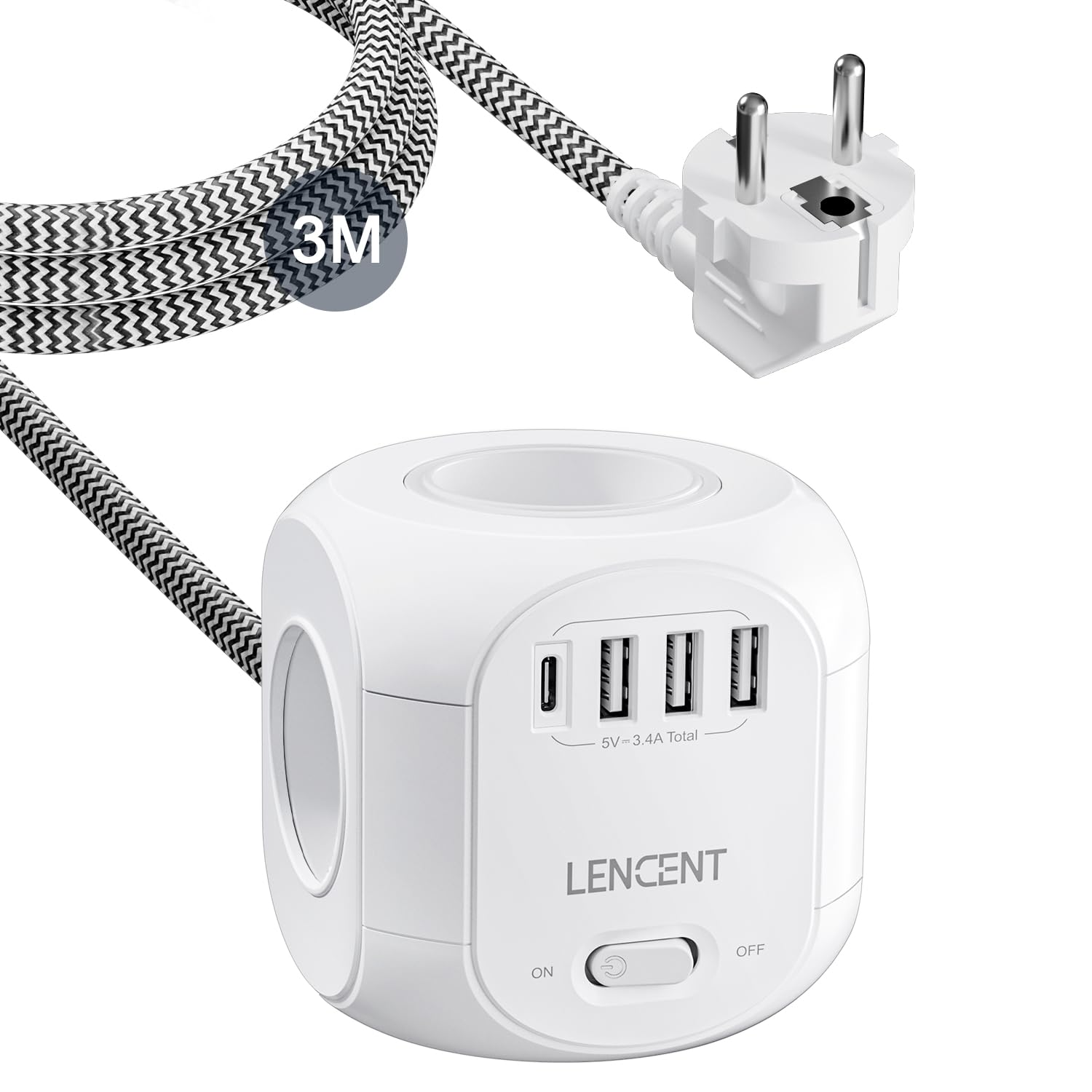 LENCENT Cube Rallonge Multiprise 3M avec 4 Prises AC 3 USB 1 Type C Protection Contre Les Surtensions Interrupteur pour 