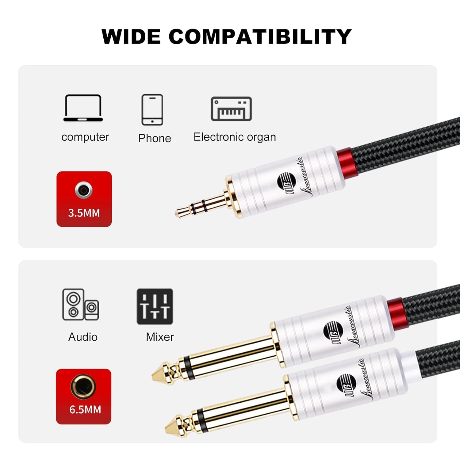 BOAACOUSTIC JIB Câble Audio 3.5mm vers Double 6.35mm Qualité Audiophile, 6.35 Mâle vers 3.5 Mâle Y Splitter Jack Câble d'Instrument pour Haut-parleurs, Table de Mixage, Cinéma Maison etc 5m