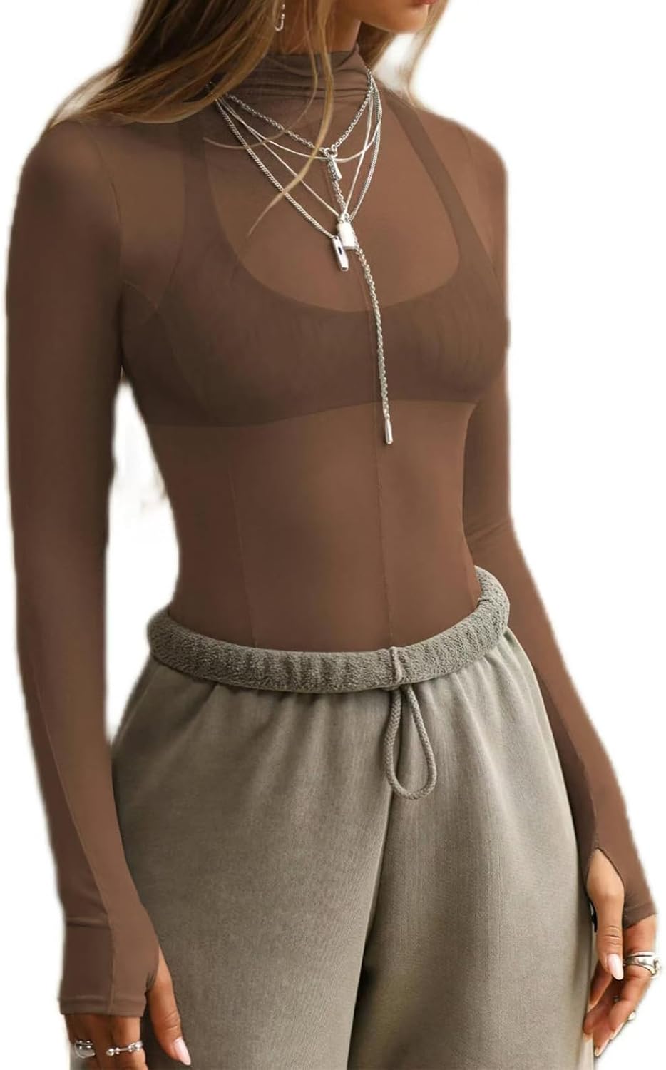 Sheer Going Out Tops for Women Sexy Long Sleeve Mock Neck Lace Spring See Through Tops Stretchy Trendy Shirts Blouse