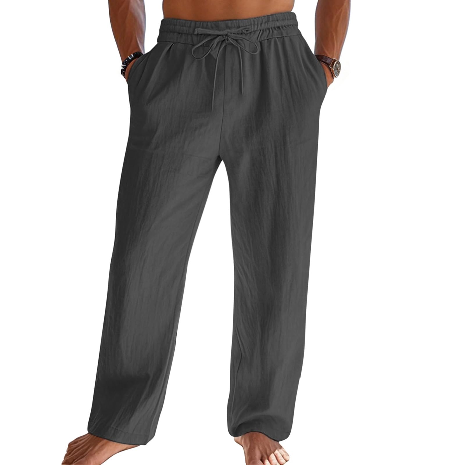 Litthing Leinenhose Herren Leicht Sommerhose mit Kordelzug Elastischer Bund Lässige Freizeithose lang Loose Fit Baumwollehosen mit Seiten- und Gesäßtaschen für Urlaub, Strand, Sommer