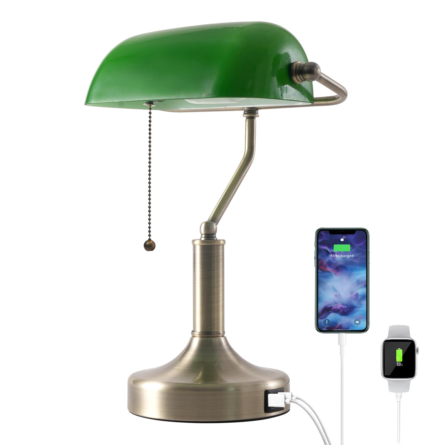 Liylan Banker Desk Lamp Green Glass, Antique Desk Lamps with Brass