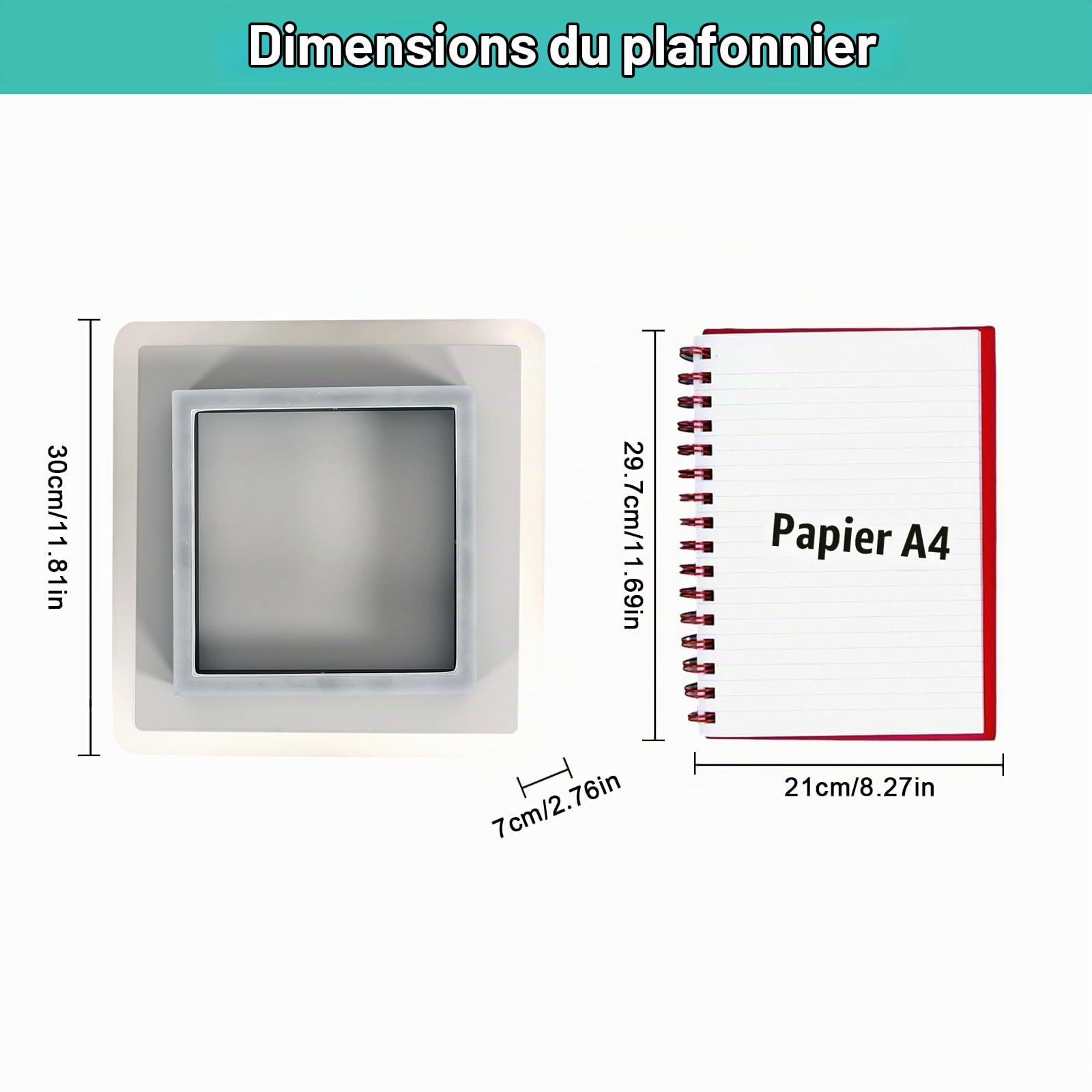 Plafonnier LED Moderne, 30W Lampe de Plafond Carré Noir