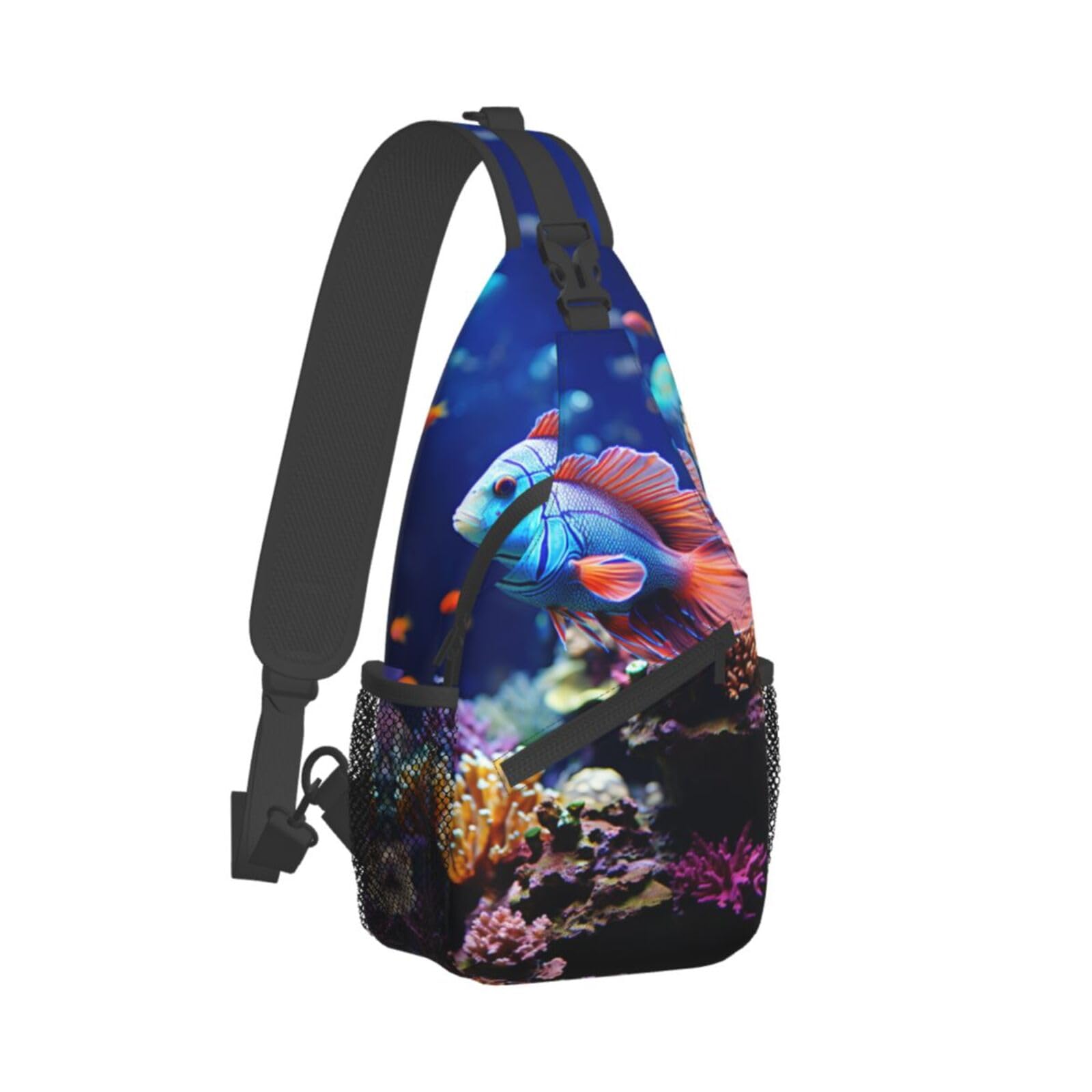 OUSIKA Coral Reef Fish Aquarium Sling Bag Lightweight Chest Bag Crossbody Bag Shoulder Bag Sports Backpack For Women Men, Black, One Size
