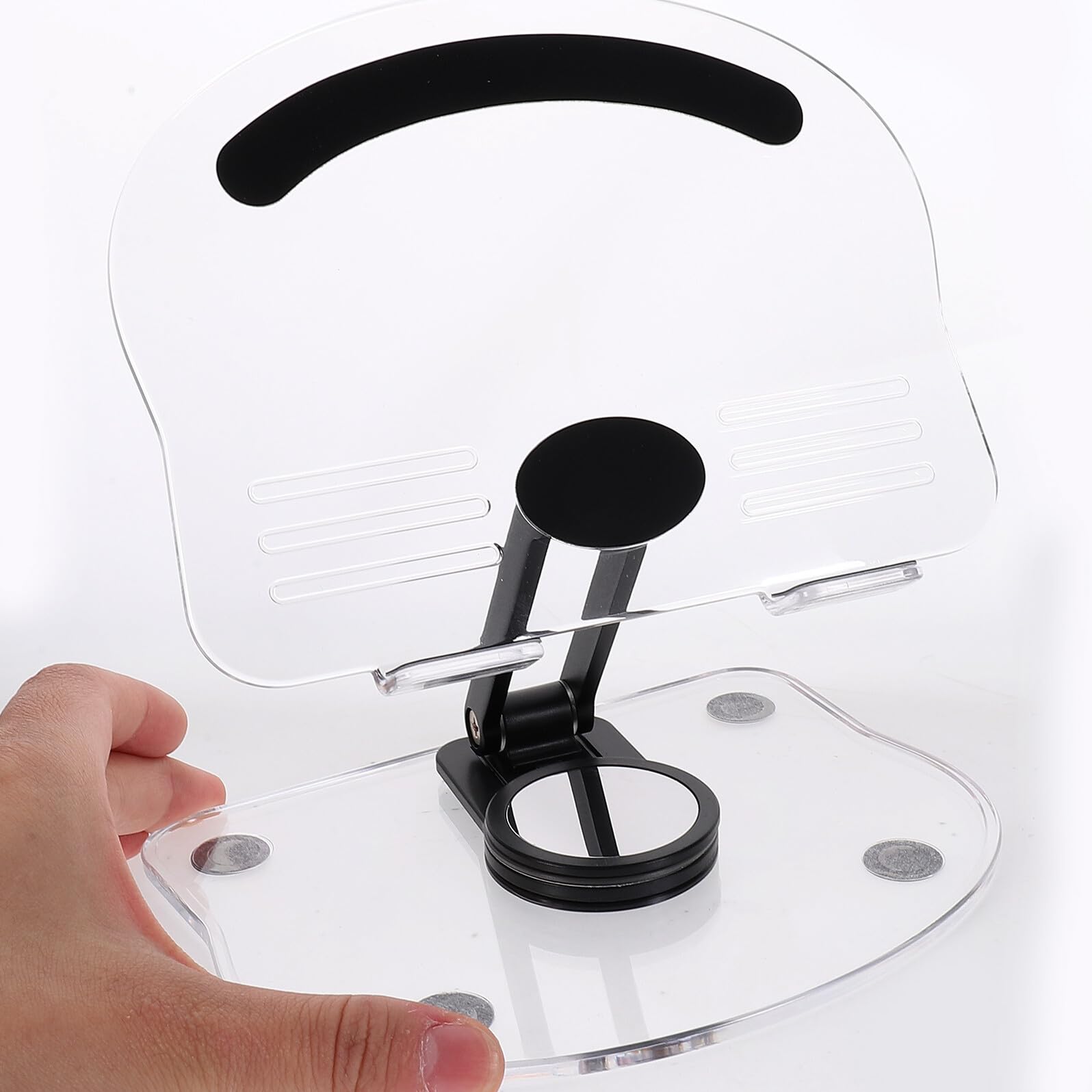Soporte Ajustable Plegable para Tabletas y Móviles de Acrílico Resistente para Escritorio, Diseño Compacto Giratorio, Uso Ergonómico para Oficina y Hogar, Color Negro