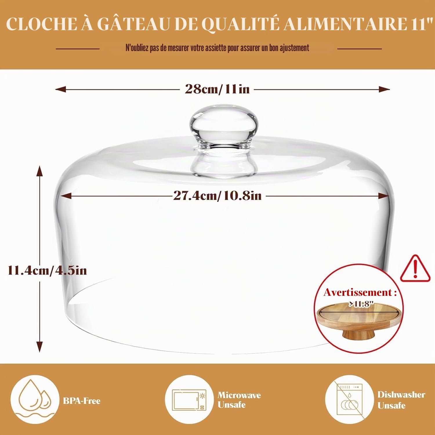 Cloche à gâteau en verre de 28 cm pour présentoir – Couvercle transparent pour présentation et protection, convient pour la cuisine