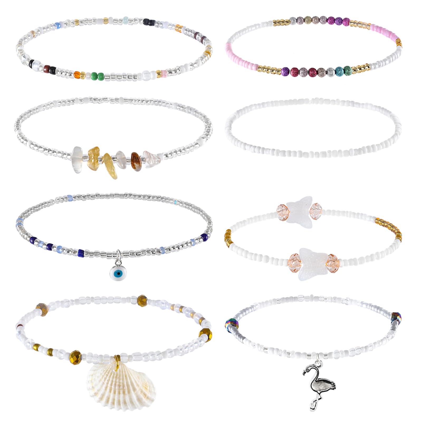 ELABEST African Beads Anklet 8pcs Boho Beaded Ankle Bracelet Elastic Bead Foot Chain Jewelry for Women