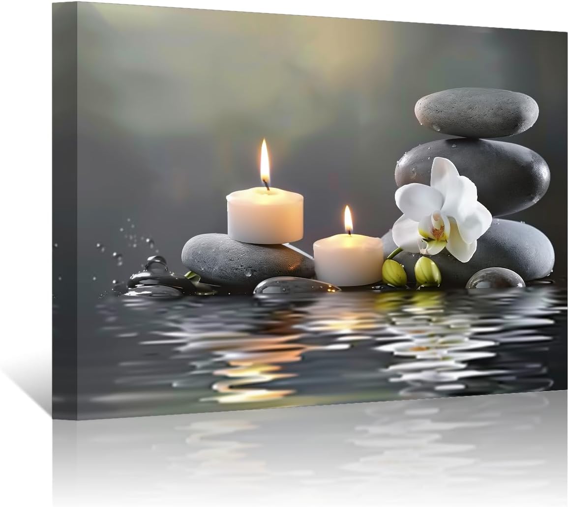 PBXBJY Bathroom Wall Art Orchid Flower with Black Zen Stone Pictures SPA Candle Picture Prints Still Life Canvas Painting for Meditation Spiritual Room Decor (White, (12.00″ x 18.00″))