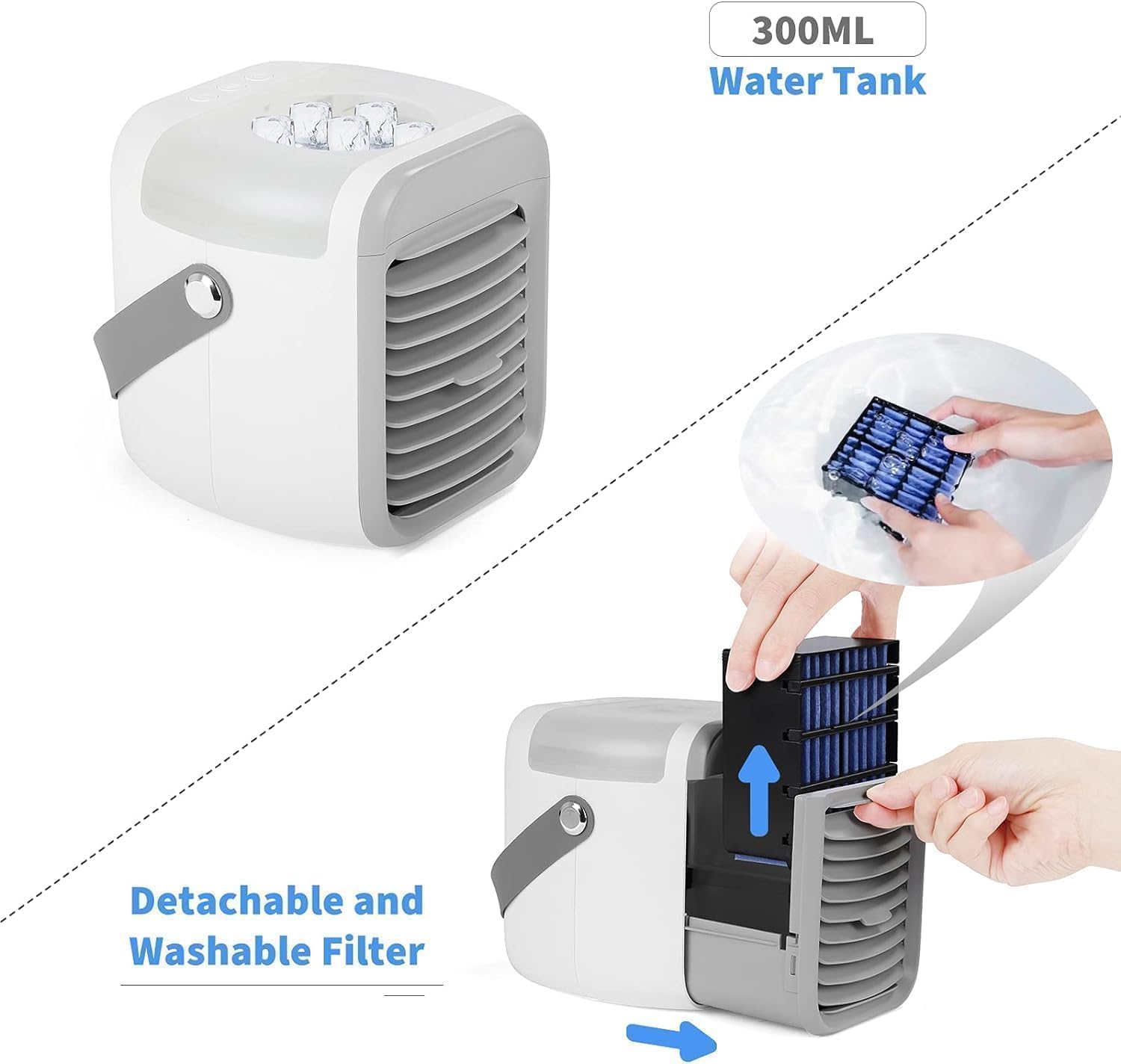 Aire acondicionado portátil, 4 en 1, mini enfriador de aire, enfriador de aire USB silencioso con depósito de agua, asa portátil, 7 luces LED, 3 velocidades