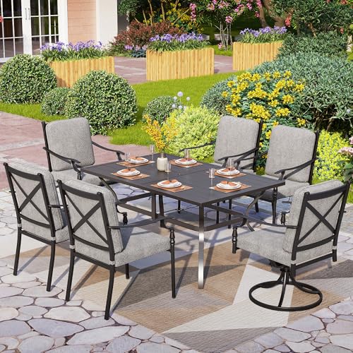 Phi Villa Outdoor Dining Set: Stylish Comfort for Perfect Patio Gatherings 4 PHI VILLA 7 Pieces Outdoor Dining Set for 6, Rectangular Black Steel Dining Table with Fixed and Swivel Iron Chairs, Large Dining Furniture Set with Cushions for Patio, Deck, Porch, Backyard