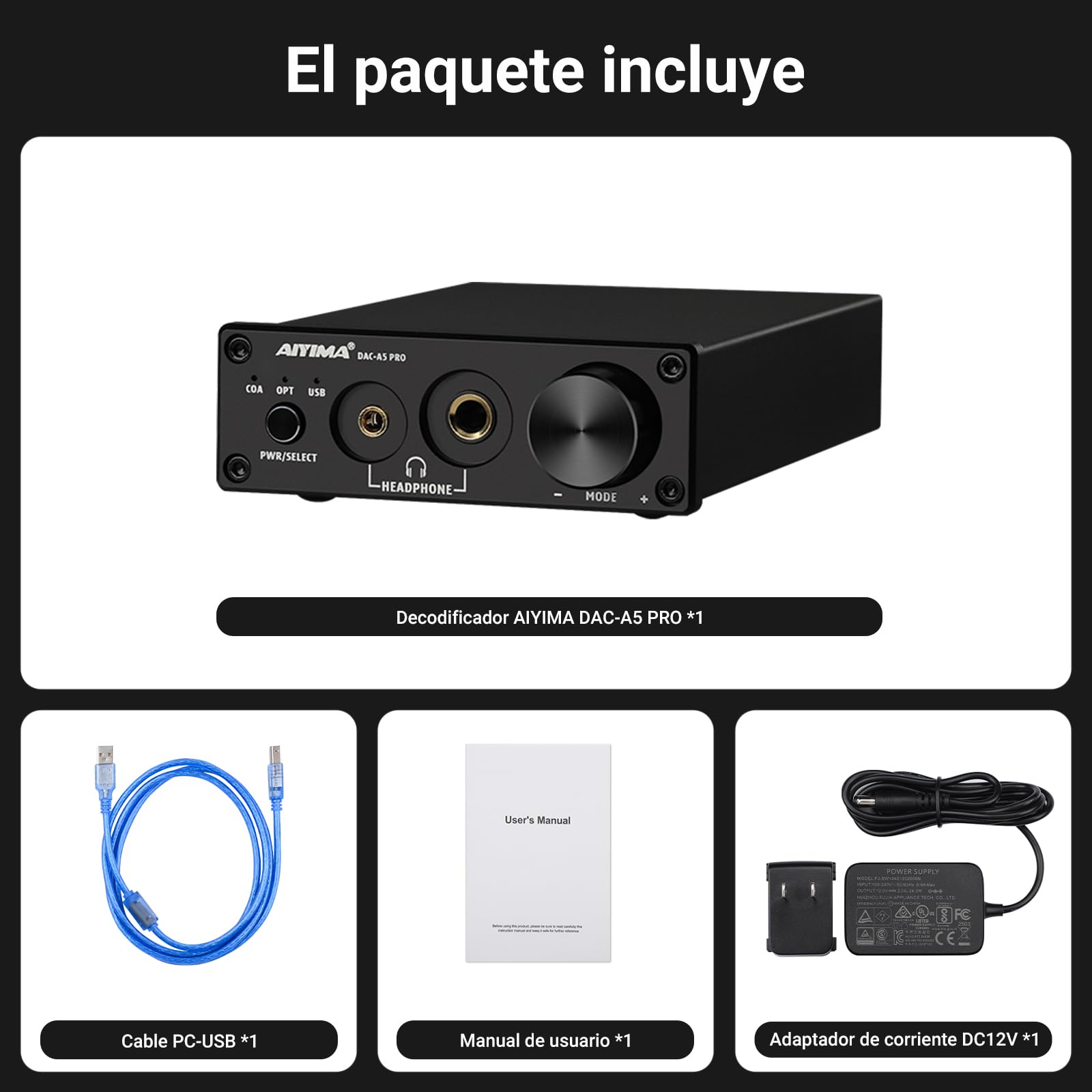 AIYIMA DAC A5 Pro Mini amplificador de auriculares HIFI USB DAC decodificador Audio 24BIT 192KHz Mini decodificador estéreo con DC12V