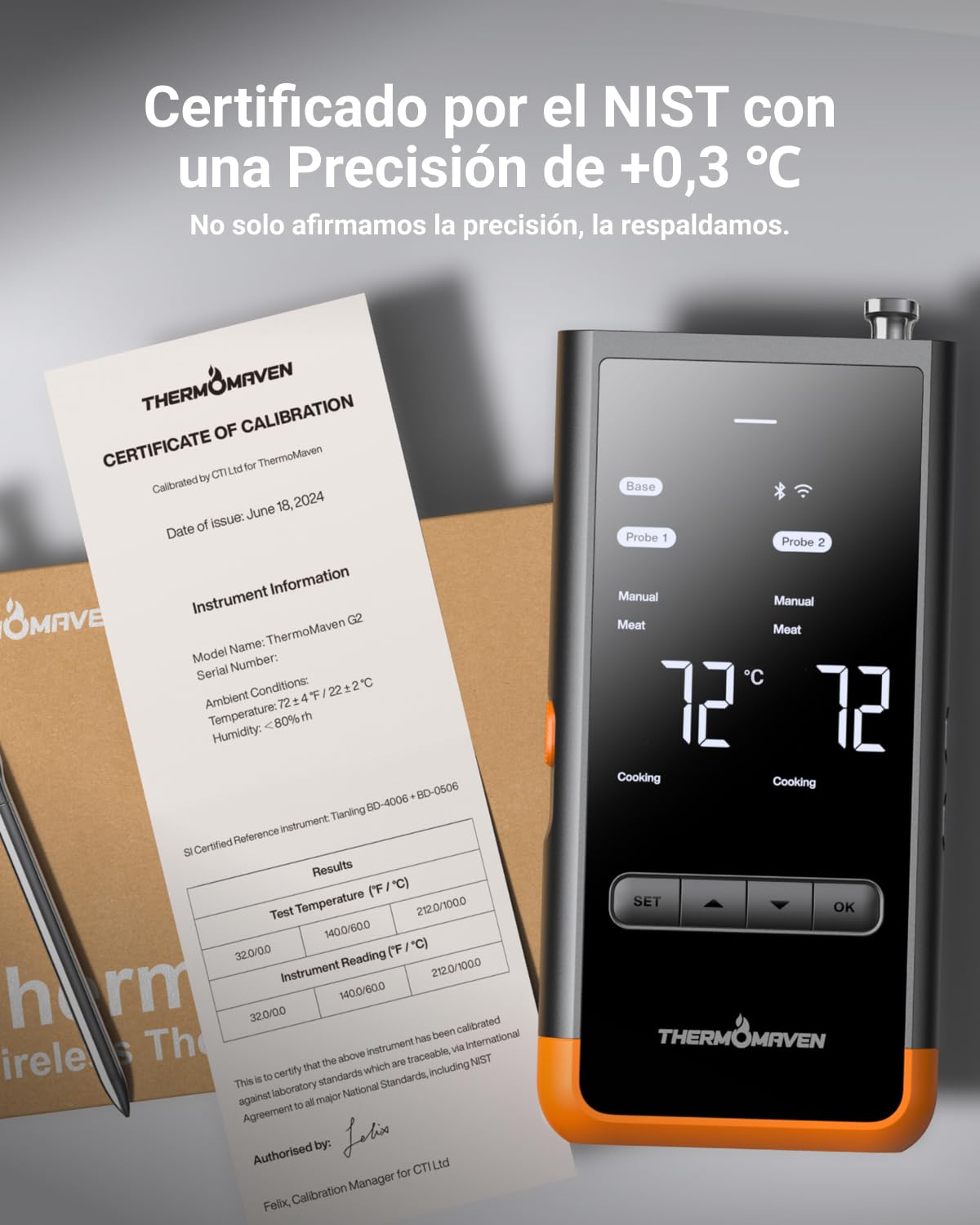 ThermoMaven G2 Termómetro de Carne Inalámbrico 2 Sondas y Base con Pantalla | Termómetro para Barbacoa con App WiFi, 6 Sensores NIST, Alcance Sub-1G de 915 m, con 2 Sondas para Parrilla, Ahumador y Horno