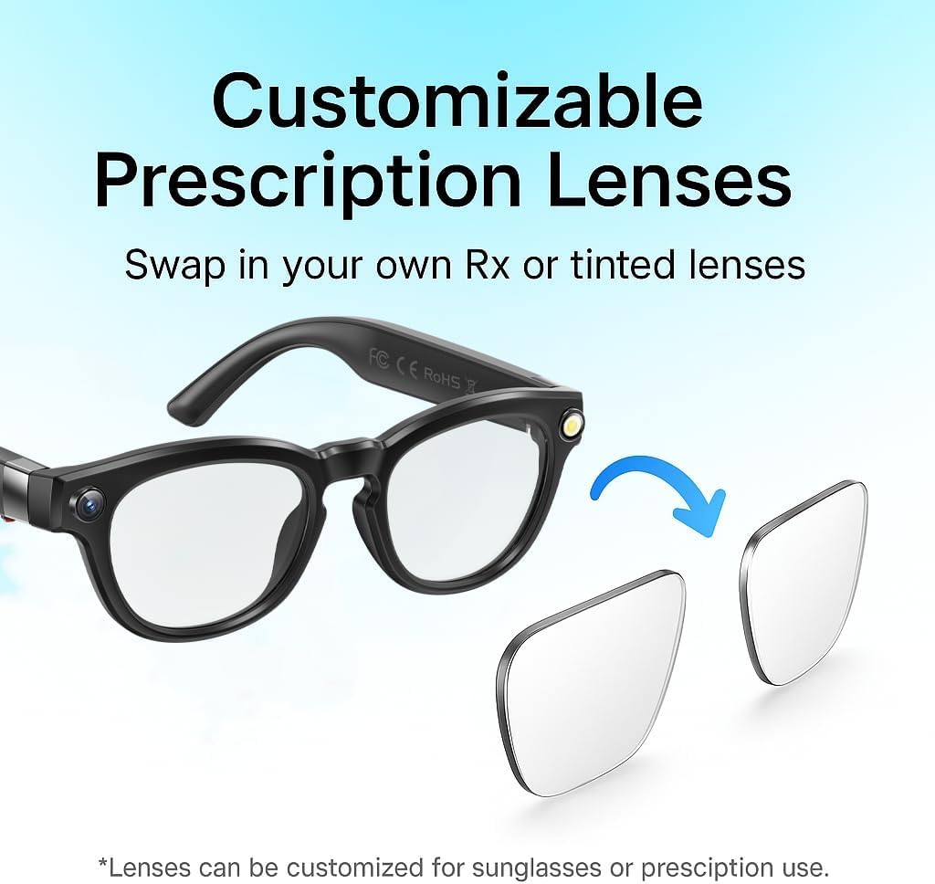 Smart Glasses with Camera, 4K UHD Video Recording & HD Photo Capture, AI Smart Glasses with Real-Time Translation, Open-Ear Bluetooth Audio, Voice Assistant, Photochromic Lenses for Travel and Outdoor
