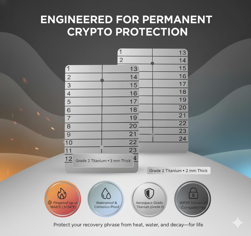 Placa de titanio para 5 carteras seguro frase semilla fusible fuera de línea Bitcoin Ethereum criptomoneda recuperación palabras perforables o grabables con lápiz de grabado eléctrico