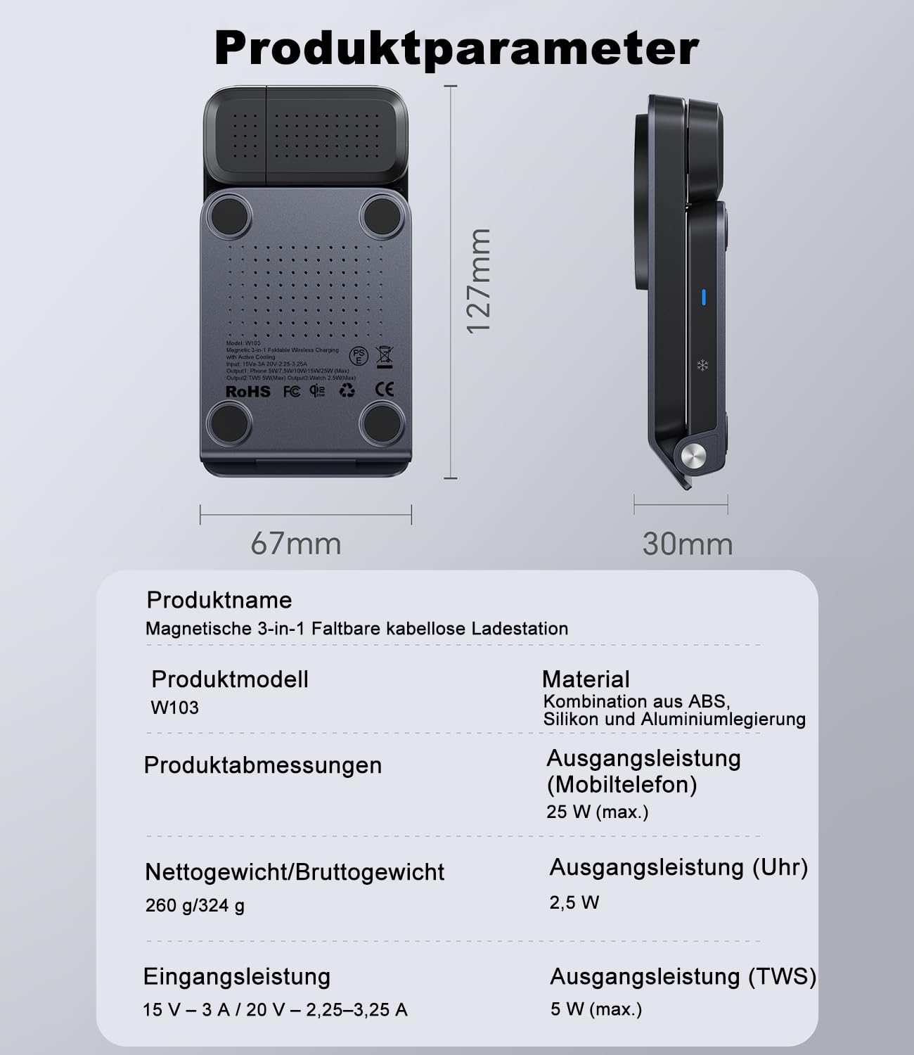 Qi2.2 25W Magnetisches Schnellladen Kabelloses Ladegerät für Mag Safe | 3-in-1 Faltbares induktives Ladegerät mit TEC Aktivkühlung kompatibel mit iPhone 17-12, Apple Watch und Air-Pods