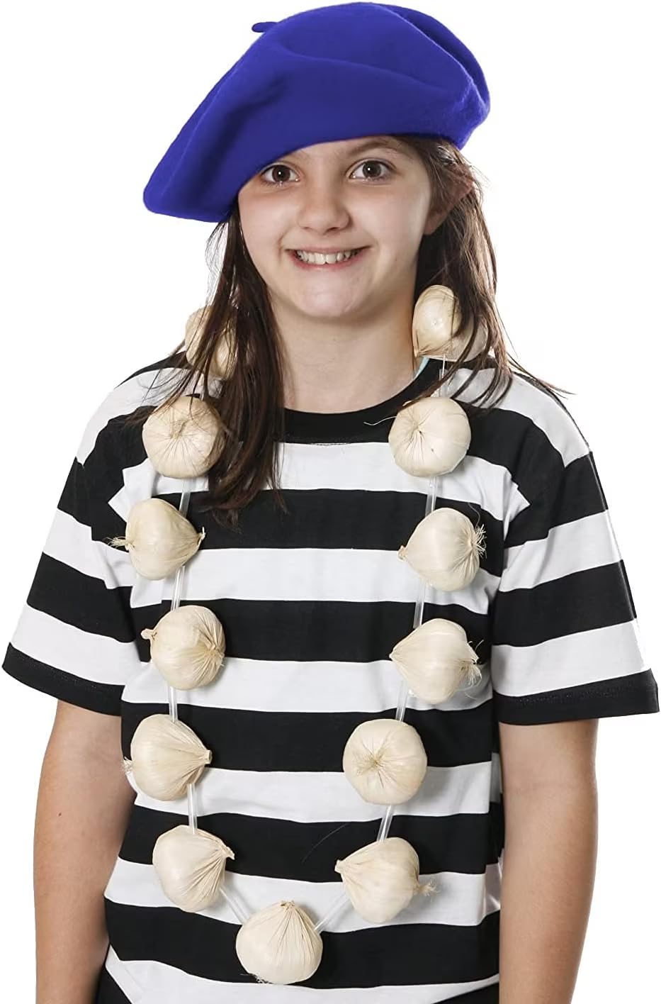 Black And White Striped T-Shirt + Blue Beret + Garlic/Onions Garland Set Necklace French Or Vampire Slayer Fancy Dress Bastille Day (X-Large)
