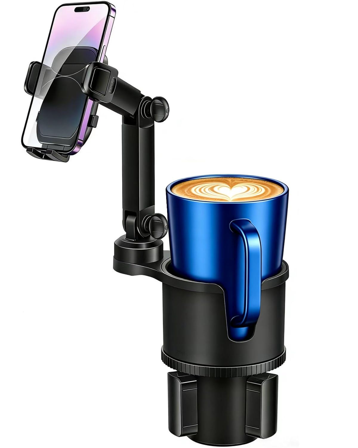 Soporte para teléfono para coche con base expandible, 2 en 1, ajustable, manos libres, soporte para teléfono celular, soporte para portavasos de coche, ajuste amigable para botella grande y iPhone