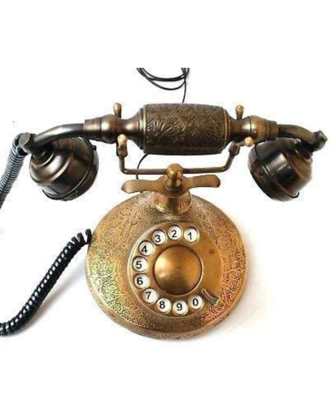 Telefon obrotowy w stylu vintage, wykończenie z antycznego mosiądzu, dekoracyjny telefon stacjonarny z ozdobną metalową podstawą, obrotowa tarcza