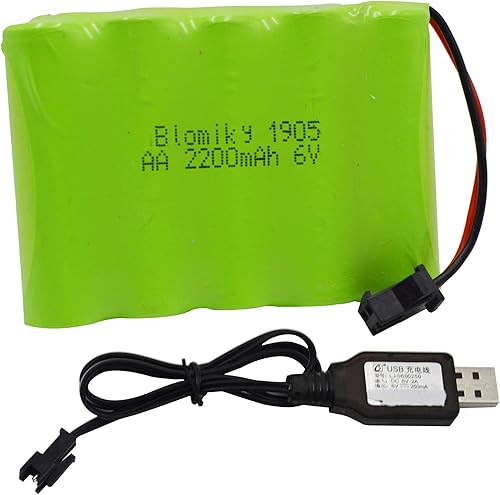 Blomiky 6V 2200mAh Ni-MH 5 AA Batería recargable con SM-2P Negro 2 Pin Conector Plug y USB Cargador Cable para RC Camión Coches Vehículos 6V NiMh