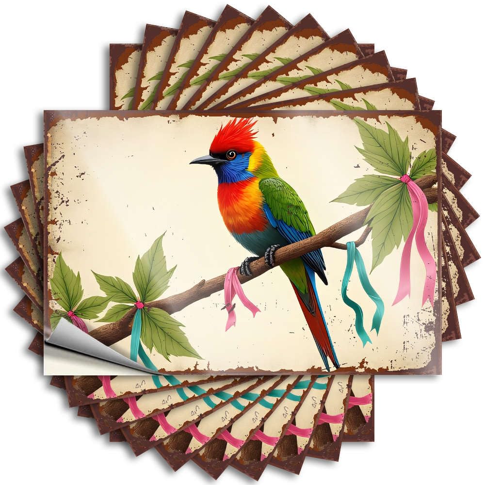 Funny Sticker Bathroom Stuff Custom Stickers, Bumper Waterproof A Colorful Bird Perches On A Branch Adorned with Ribbons. for Hydro Flask | Fire Vinyl Decals for Farmers Holiday(12X18CM)