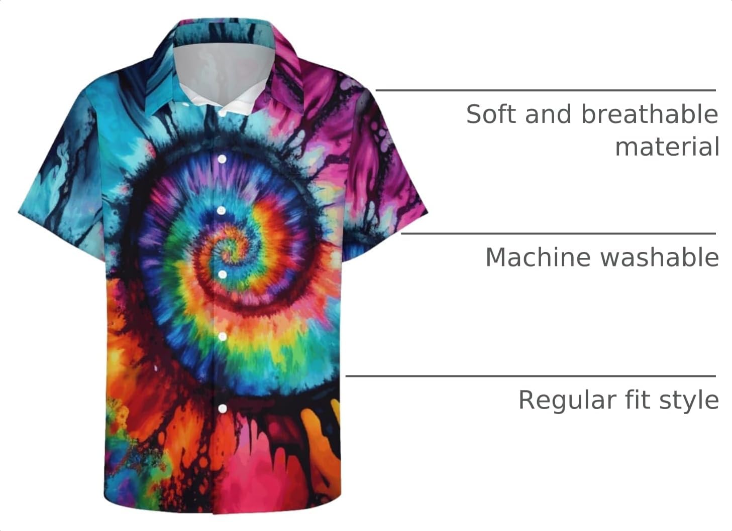 TiwBski Hawaiian Tie Dye Style Shirts for Men Rainbow Print Button Down Shirt Short Sleeve image 4