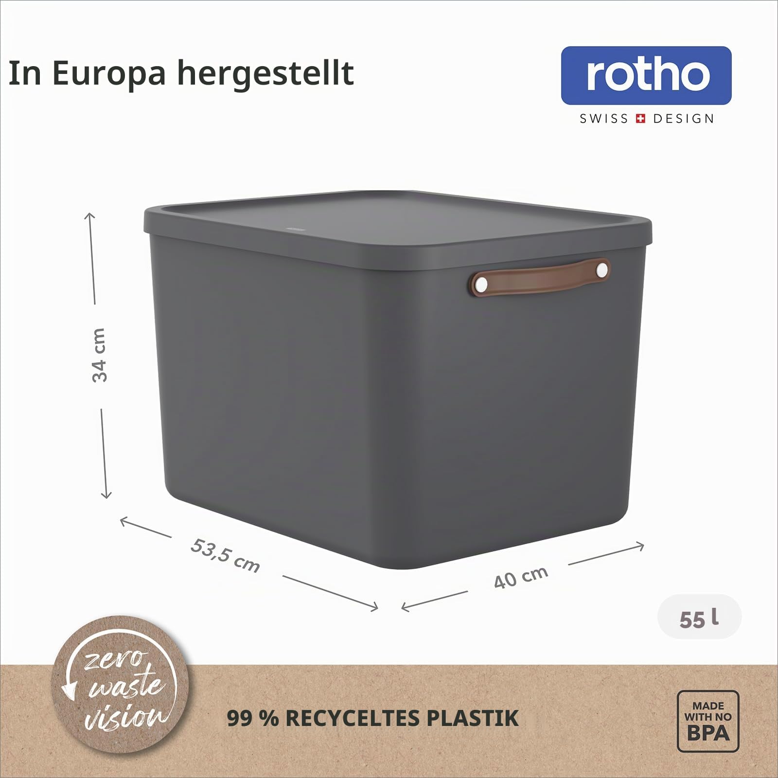 Rotho Maloja Aufbewahrungsbox mit Deckel groß 2er-Set stapelbar Anthrazit | Große stapelbare Kunststoffboxen aus Recycling-Material, 53,5x40x34 cm, robuste Ordnungssysteme für Keller & Büro