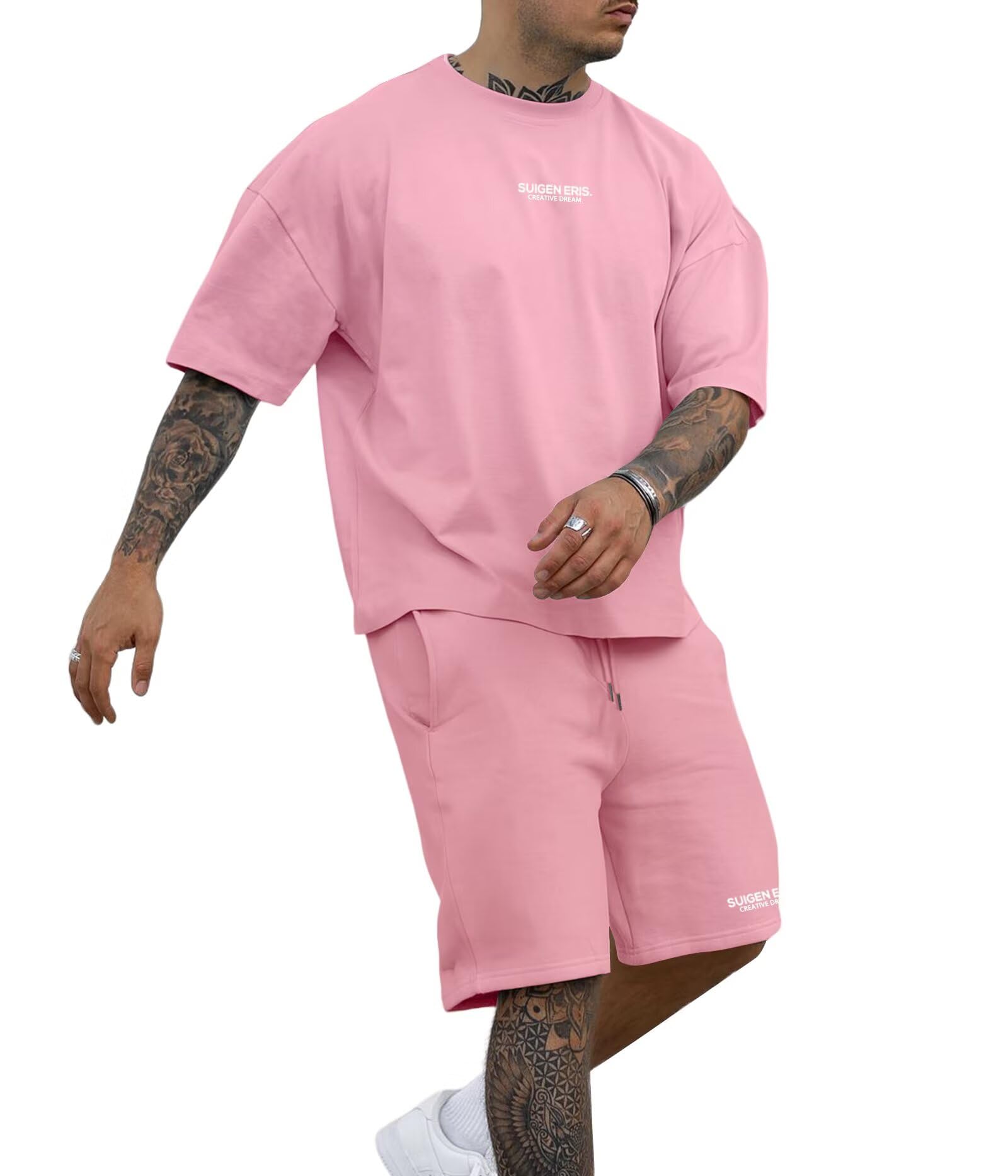 Epoleatries Men's 2 Piece Outfits Letter Drop Shoulder Oversize Tee Shirt Shorts Set Athletic Jogging Summer Tracksuit