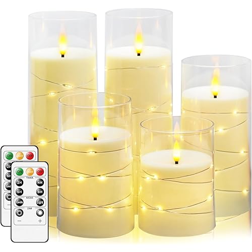 Flameless Candles,with Embedded Star String, Battery Operated Candles Flickering LED Pillar Candles with Remote Control and Timer, Home Decoration ，Set of 5 (D 3"×H 4" 5" 6" 8" 8") (Ivory)