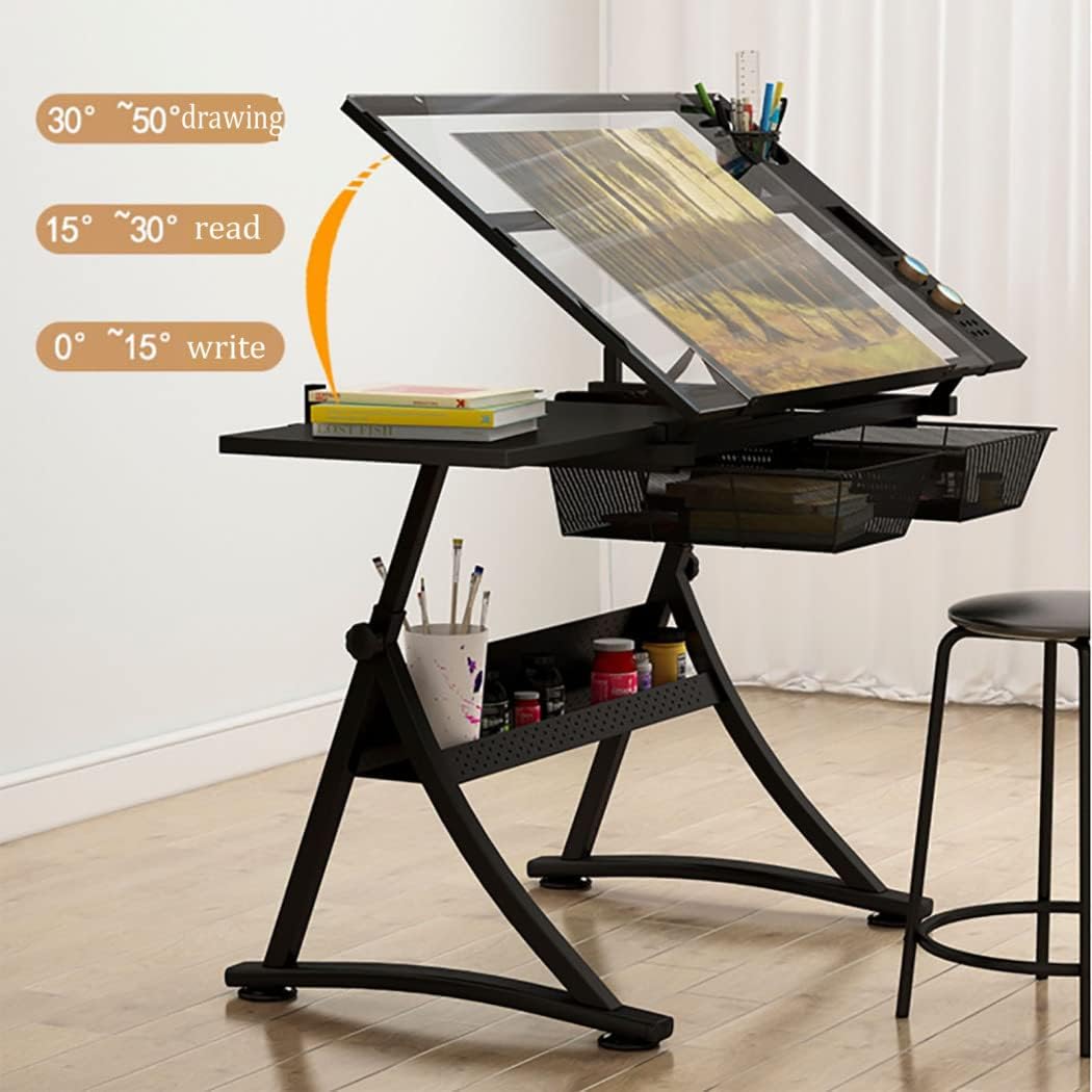 Glass Drafting Table Desk, Height Adjustable Drafting Table, 0-50°Tilting Drawing Desk, Artist Desk Study Table with 2 Slide Drawers for Reading
