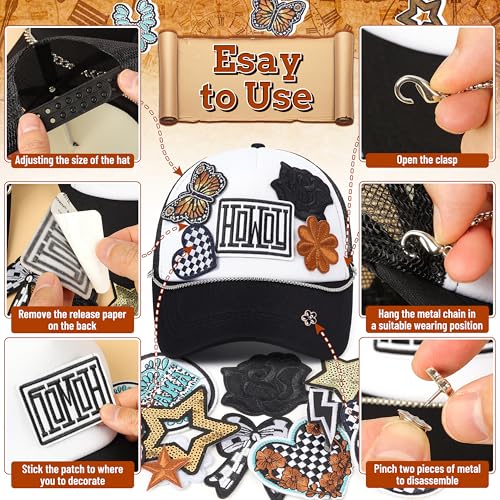 Image of Meneng Western Trucker Hat for Cowboy: Men Women Adjustable Snapback Caps with 8pcs Embroidered Patches and a Chain
