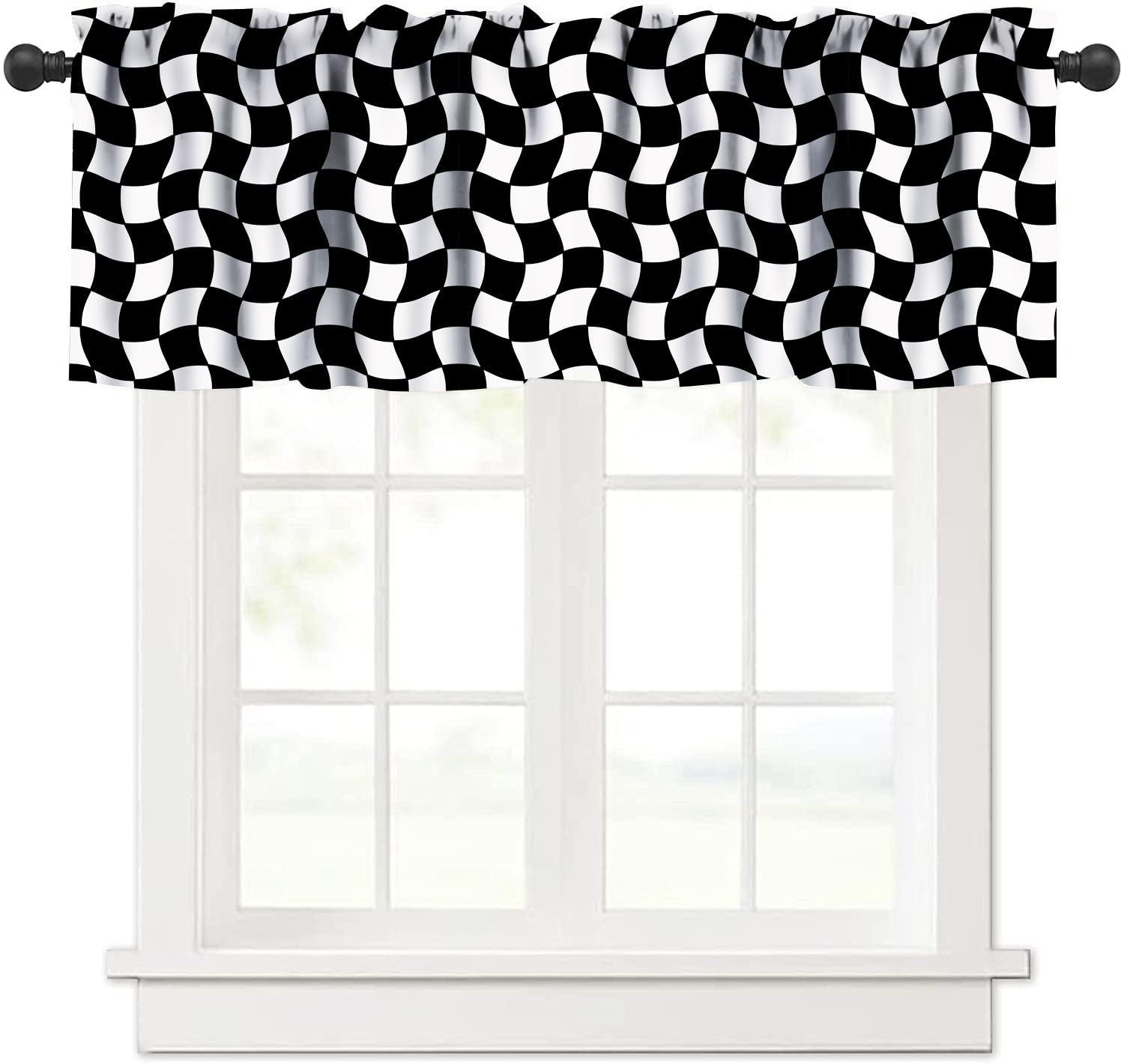 FengMingRui Groovy Black White Valances Curtains Abstract Competition Flag Windows Curtain Valance for Kitchen Dining Room Bedroom Hippie Decor One