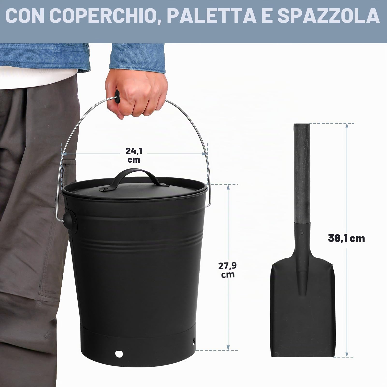 INNO STAGE Secchio per cenere con coperchio e manico in legno Pala per carbone, secchio porta cenere per caminetto, braciere, stufa a legna nera