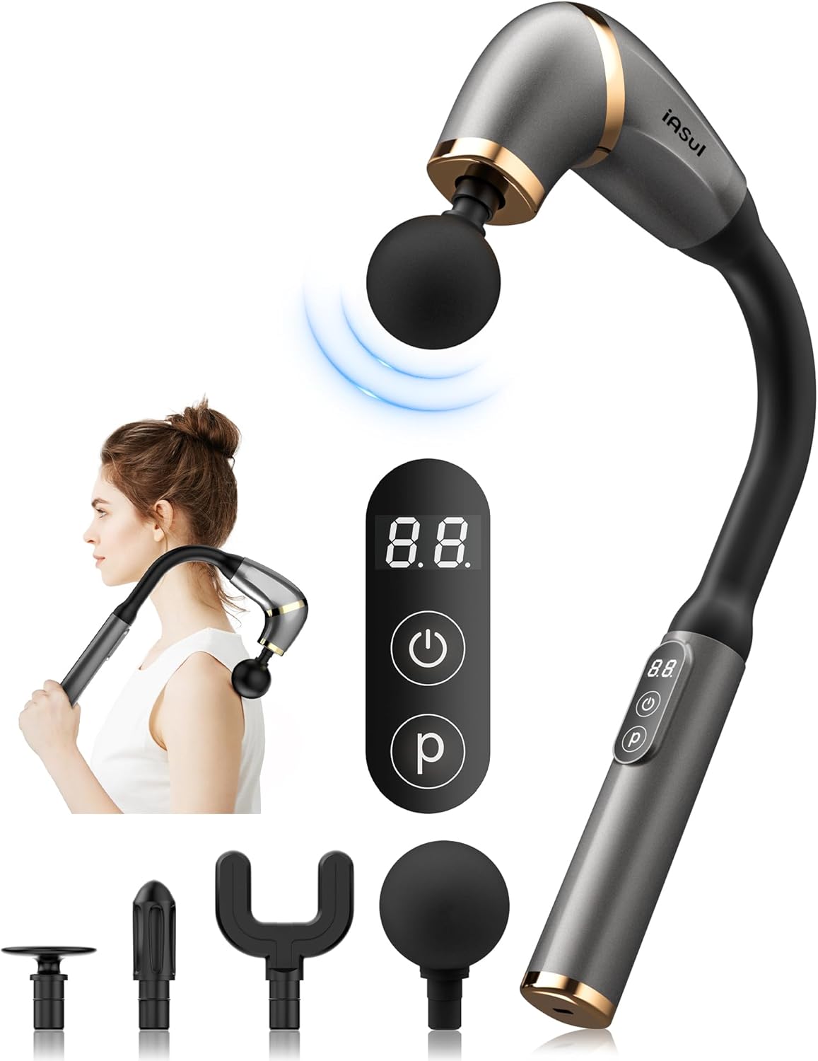 Massage Gun with Upgraded Extended Handle, Back Massager for Pain Relief Deep Tissue with LCD Screen, Massage Gun Deep Tissue with 4 Massage Heads, Percussion Massage Gun with 3 Modes & 6 Speed Levels