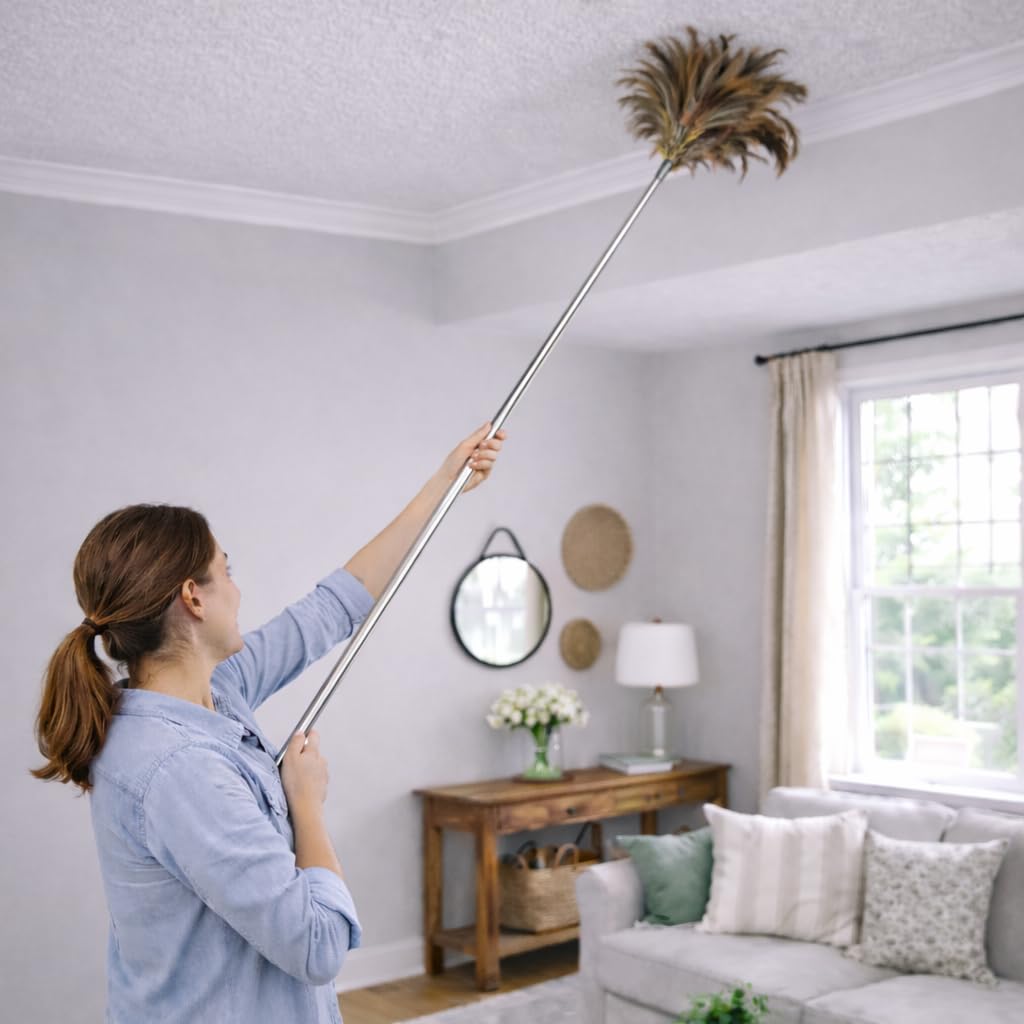 The Home Valet Company New Super Long Reach Ostrich Feather Duster Telescopic Slimline Stainless Steel Handle Extends From 44cm To Over 2.4 Meters With The Head Use Handheld Also