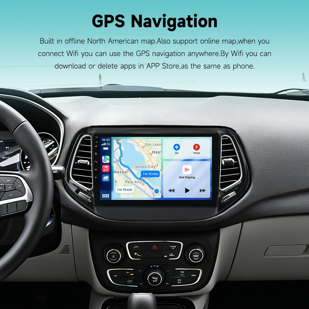 Autoradio 10" Android per Jeep Compass 2015 2016 2017 2018 2019 2020, Wireless CarPlay Android Auto, Navigazione GPS, Bluetooth, WiFi, Schermo Touch HD, Supporto Retrocamera 4+64