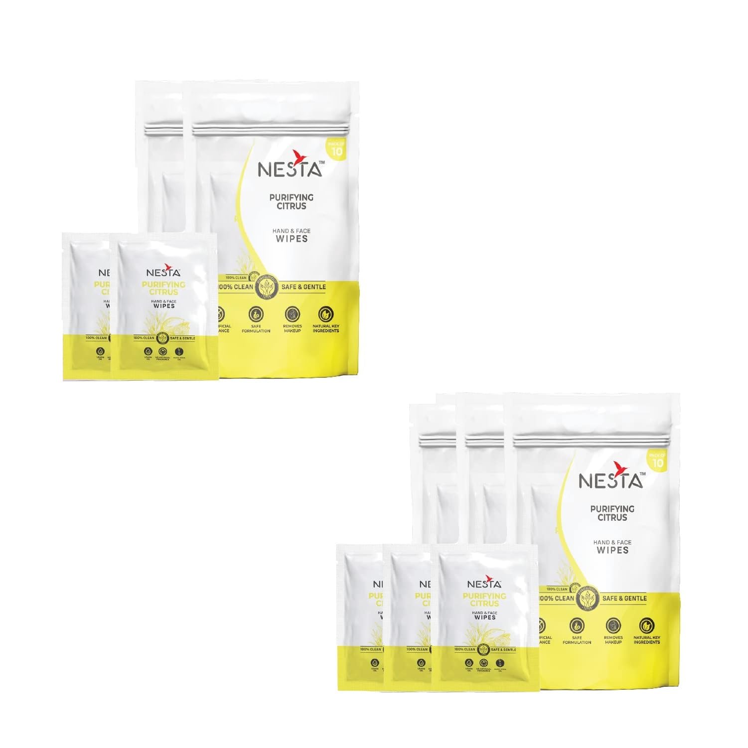 Nesta Pocket Size Facial Wet Wipes, Individually Wrapped (10x5 Packs) 50 Wipes | Citrus & Aloe Vera | Instant Freshness, Deep Cleansing & Hydration | Alcohol-Free | Travel Essentials for Men & Women