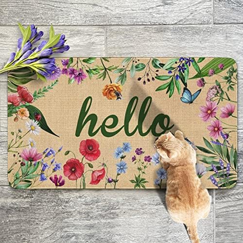 Nutksea Hello Floral Decor Door Mat - Spring Summer Welcome Mats Outdoor Colorful Flowers Doormat Non Slip Rubber Flowers Decorative Front Door Mats Indoor Rug 17" x 30"
