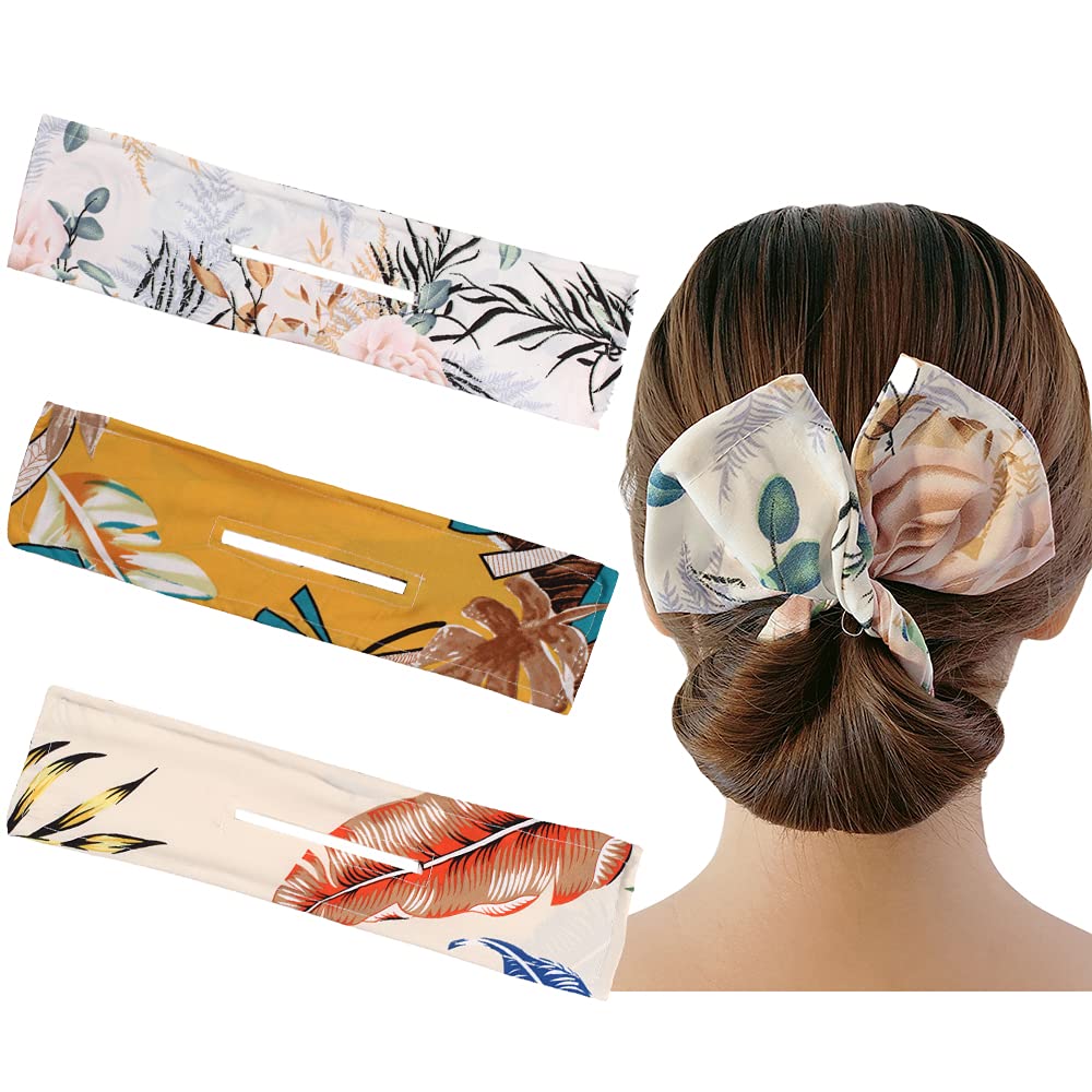 3Pcs Deft Wire Hair Clips for Fast Chignon & Bun Hairstyles - Large Cloth Hair Bands, Donut Scrunchies, Bun Makers for Women Girls (Beige Yellow)