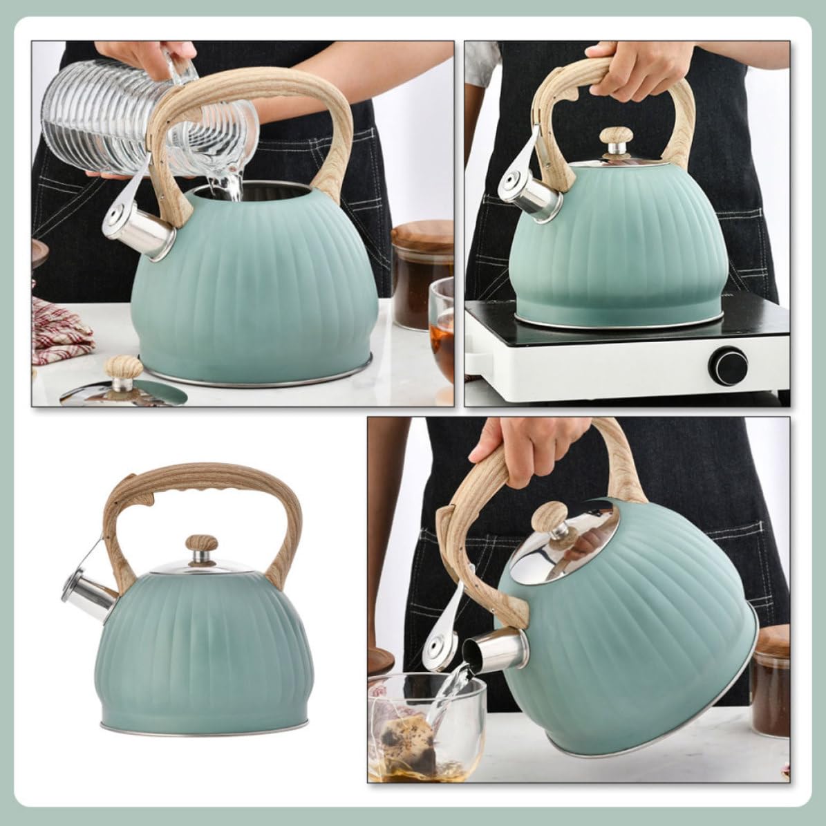 Bollitore per Tè in Acciaio Inox 3,5l Manico Effetto Legno a Forma di Zucca, Fischiante, Facile da Usare e Riempire, per Bevande Calde in Casa