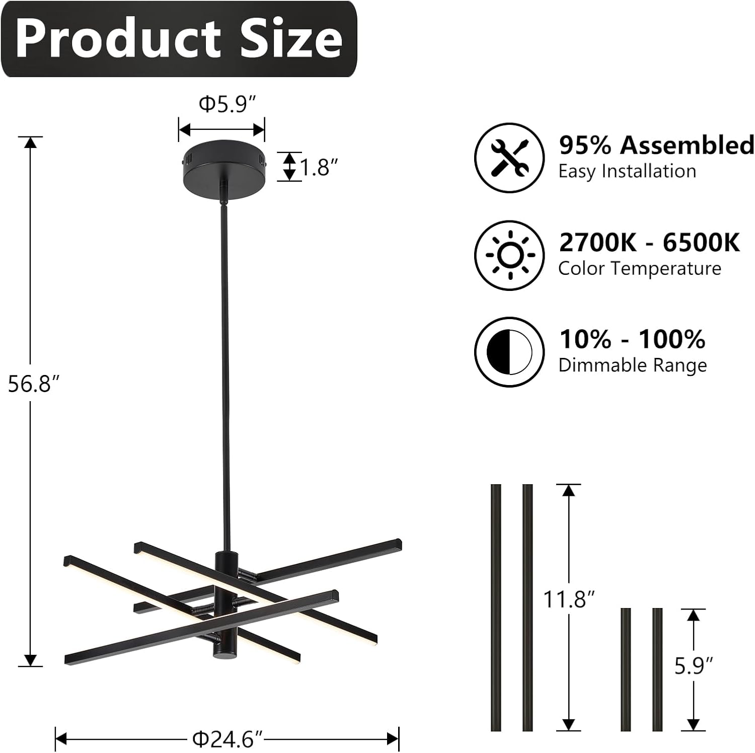 Modern Black Chandelier Light Fixtures: LED 4-Light Sputnik Dining Room Chandeliers Linear Pendant Lights Fixture Over Table Dimmable with Remote for Kitchen Island Living Room
