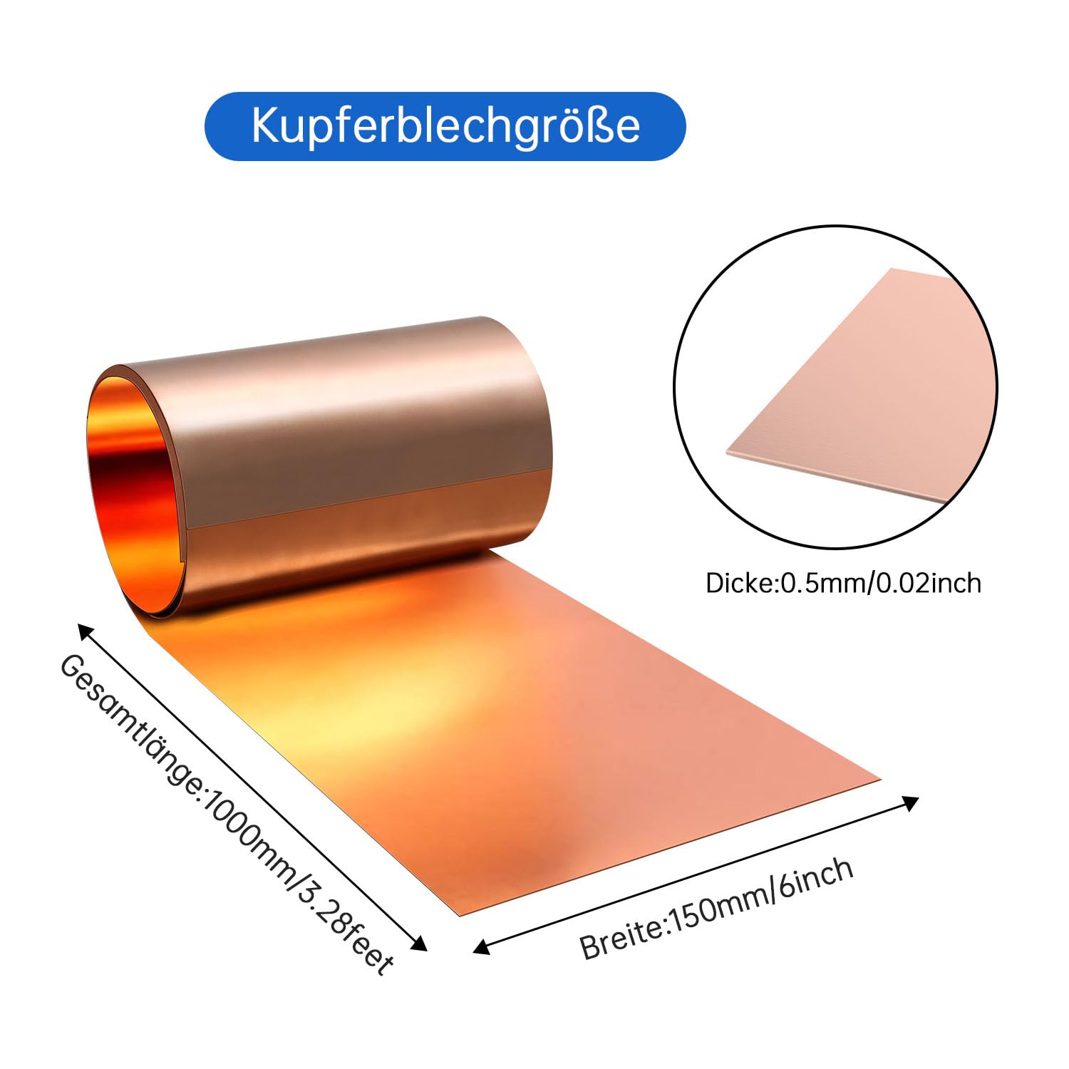 kupferband Kupferblechrolle, Kupferblech 1000 x 150 x 0.5 mm, anwendbar für verschiedene Hausreparatur- und Heimwerkerprojekte