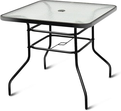 Tangkula Mesa de comedor para exteriores con agujero para sombrilla de 2 pulgadas, mesa cuadrada de vidrio templado de 32 pulgadas, para balcón,