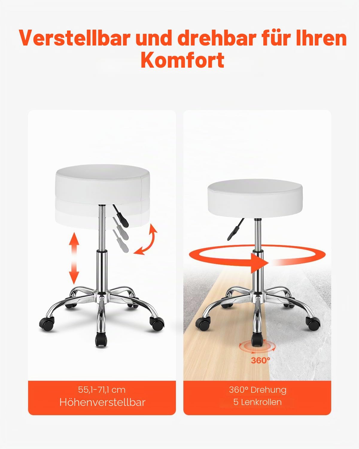 VEVOR runder Sattelhocker Rollhocker 204 kg belastbarer höhenverstellbarer (55-71 cm) Drehhocker Arbeitshocker PU-Leder-Drehsattelstuhl geeignet für Salon Spa Massage Klinik weiß