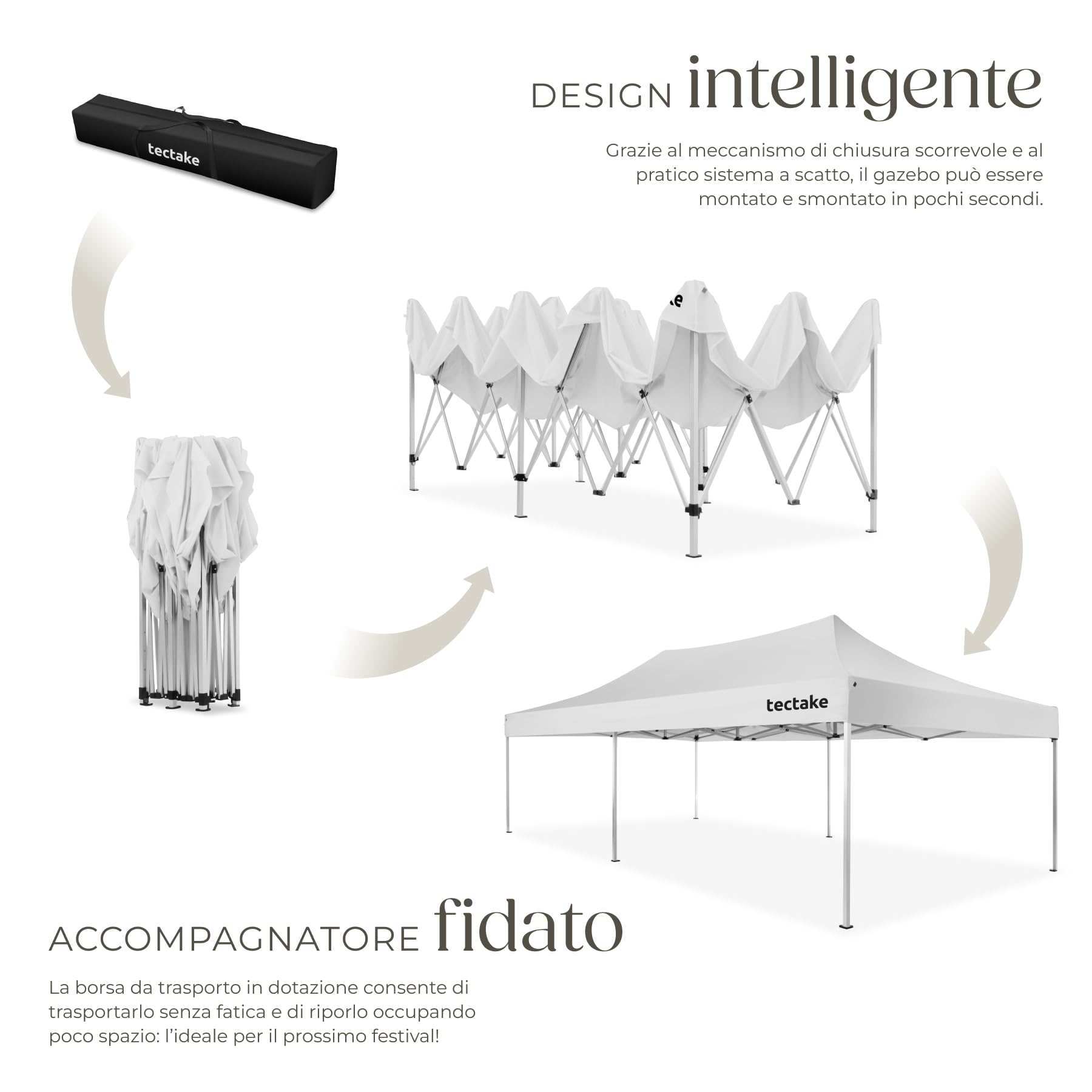 tectake® Gazebo esterno resistente 3X6 cm, Gazebo 3X6 Pieghevole, Telo Impermeabile Protezione UV, Chiusura Scorrevole, Regolabile in 4 Posizioni, 4 Corde e 10 Picchetti, Borsa da trasporto - Bianco