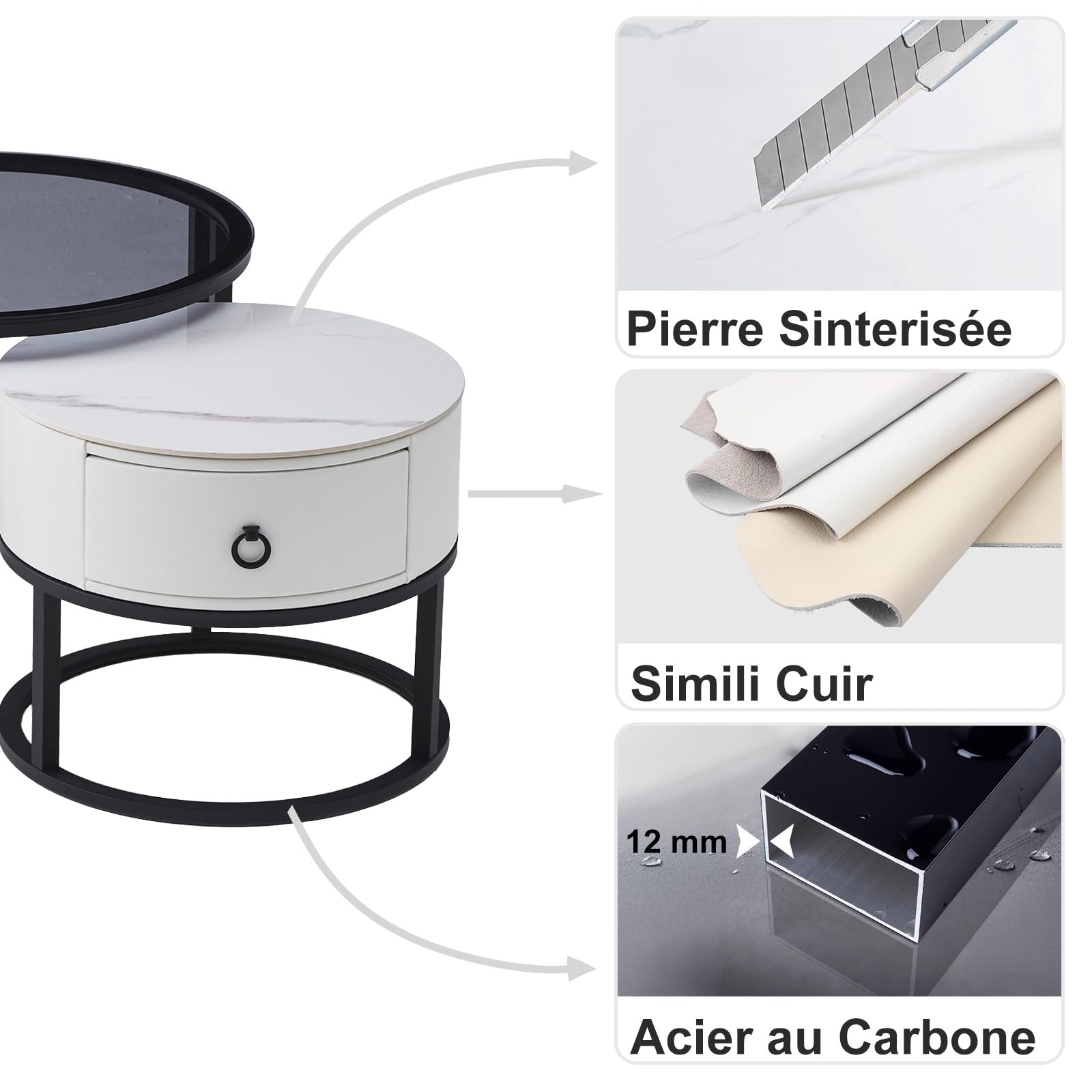 SHARPDO Tables Basses gigognes, Pierre Sinterisée & Verre trempé, Tiroir Simili Cuir Blanc, Lot de 2, Ø 60/45 cm, Design Moderne pour Salon, Ronde