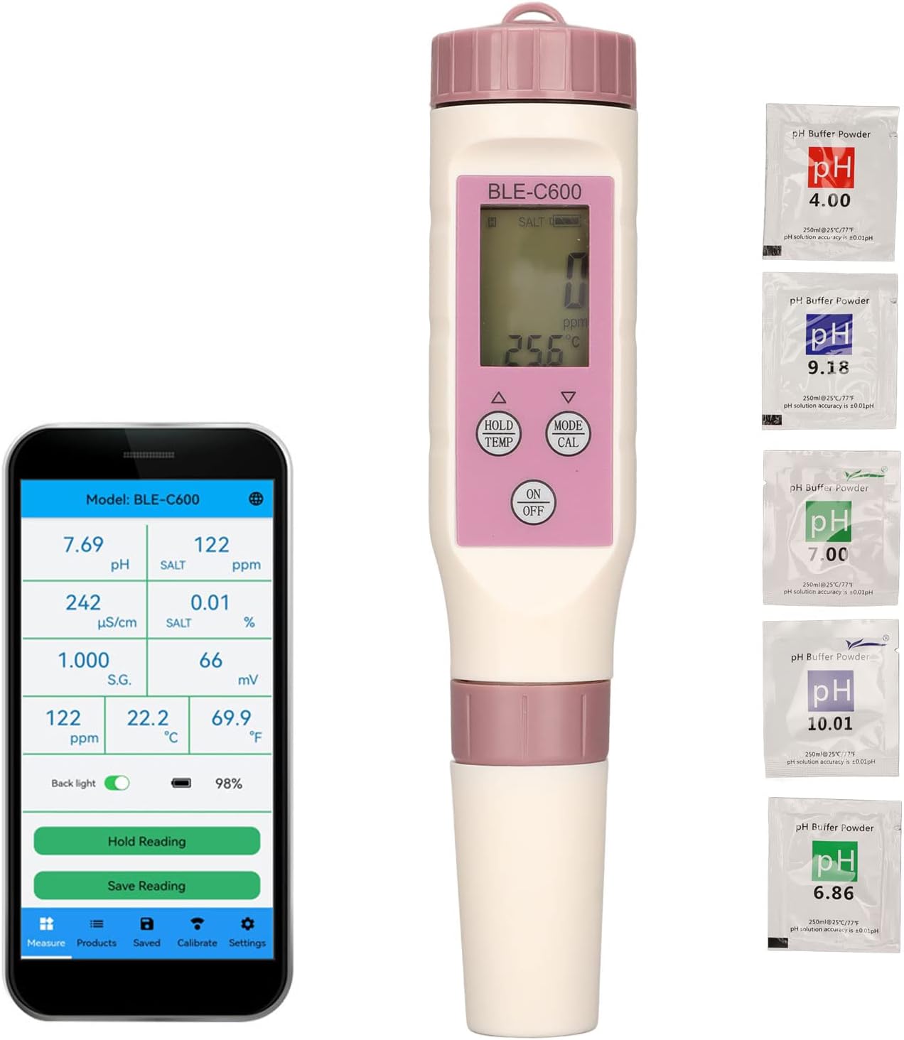 Digitale pH-meter, Bluetooth-compatibele waterkwaliteitspen 7 in 1 PH EC TDS ORP ZOUT SG TEMP Meter APP Intelligente controletester, Drinkwater, hydrocultuur, SPA, brouwen