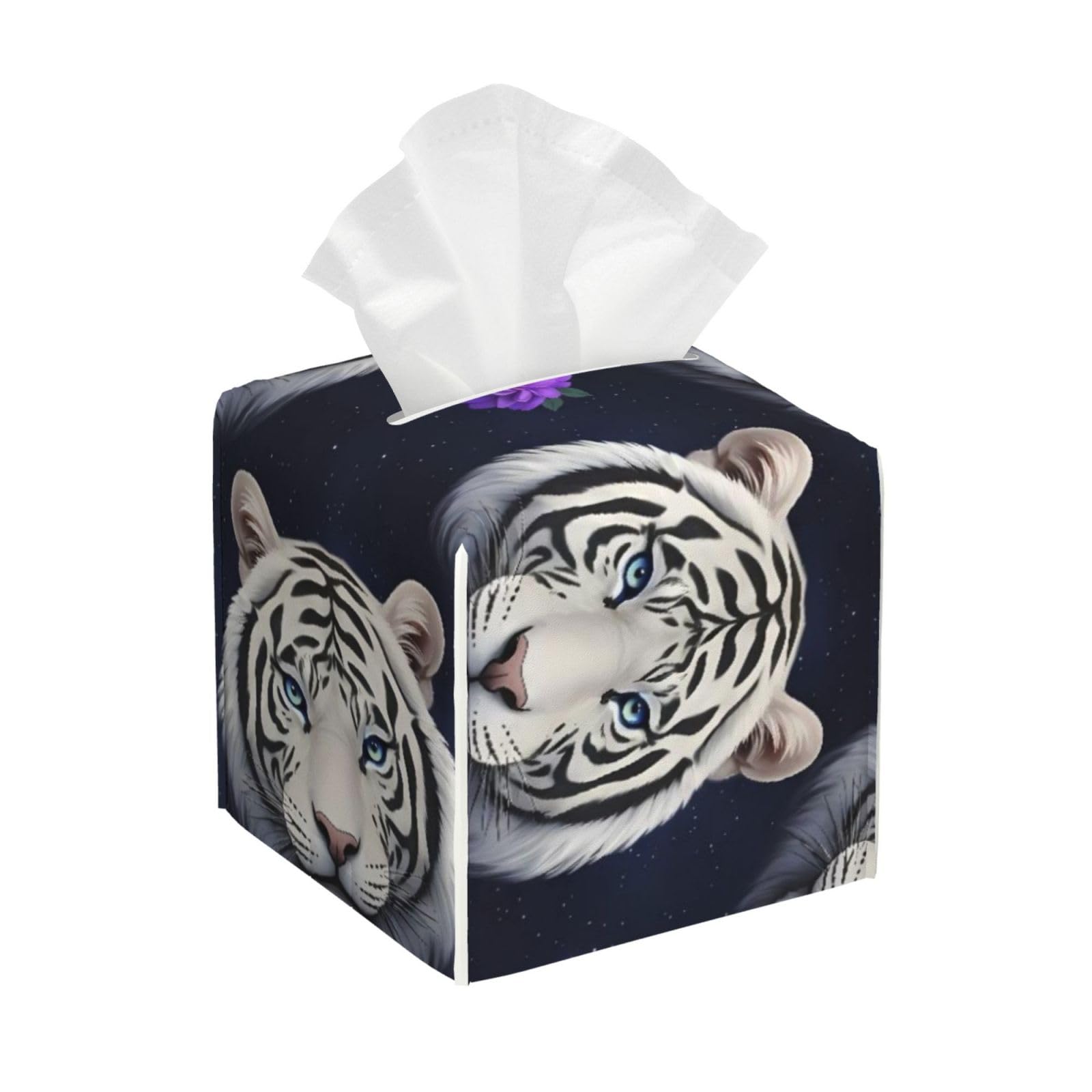 Starry Sky White Tiger Cute Leather Tissue Box Cover Holder Square Facial Paper Organizer 5.2" X 5.2" X 5.2"
