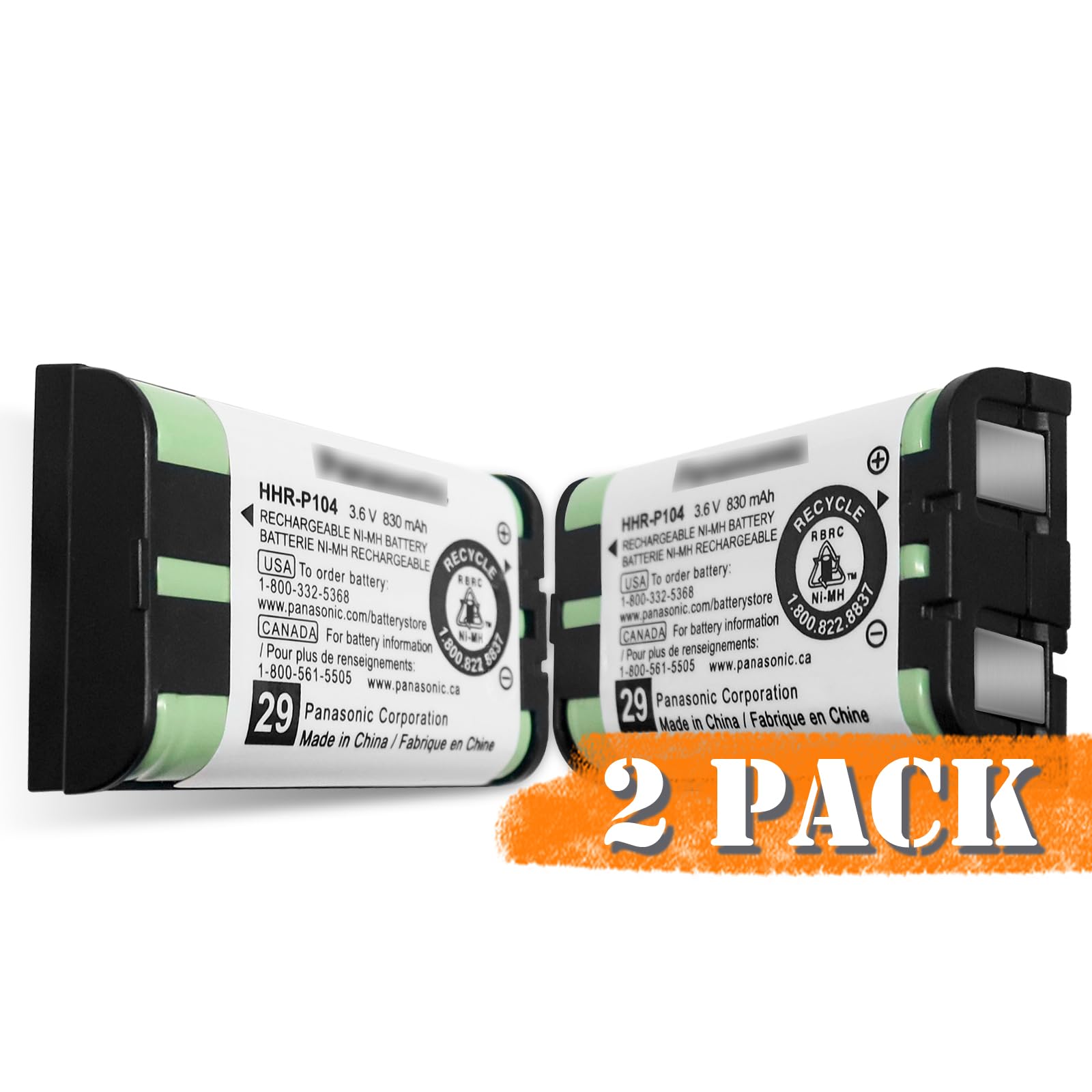 2 Pack HHR-P104 Rechargeable Phone Battery 3.6V 830mAh NI-MH Batteries for Panasonic Cordless Phones