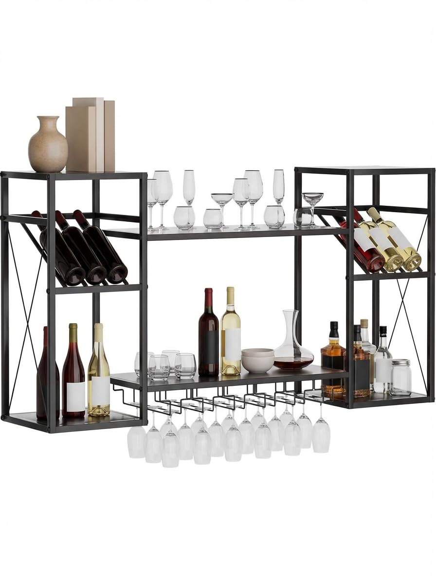 uyoyous Metall Weinregal Wand, 3 Ebenen Wine Display Ständer mit 6 Glashaltern, 48 Zoll Modern Industriell Barregal, Multi funktionaler Wandmontage Wine Display Rack für Hausbar, Küche, Esszimmer,usw